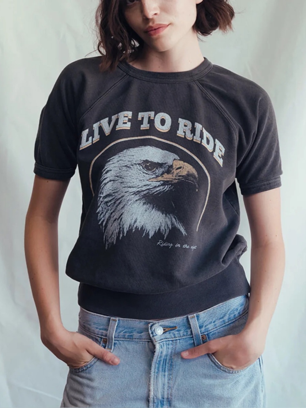 People of Leisure Live To Ride Eagle Raglan Sweatshirt Tee Gray Medium